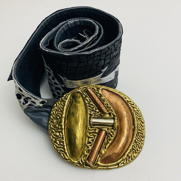 Vtg Mexican Mixed Metal Brass Copper Hand Crafted Belt Buckle Leather Patchwork - Picture 3 of 10